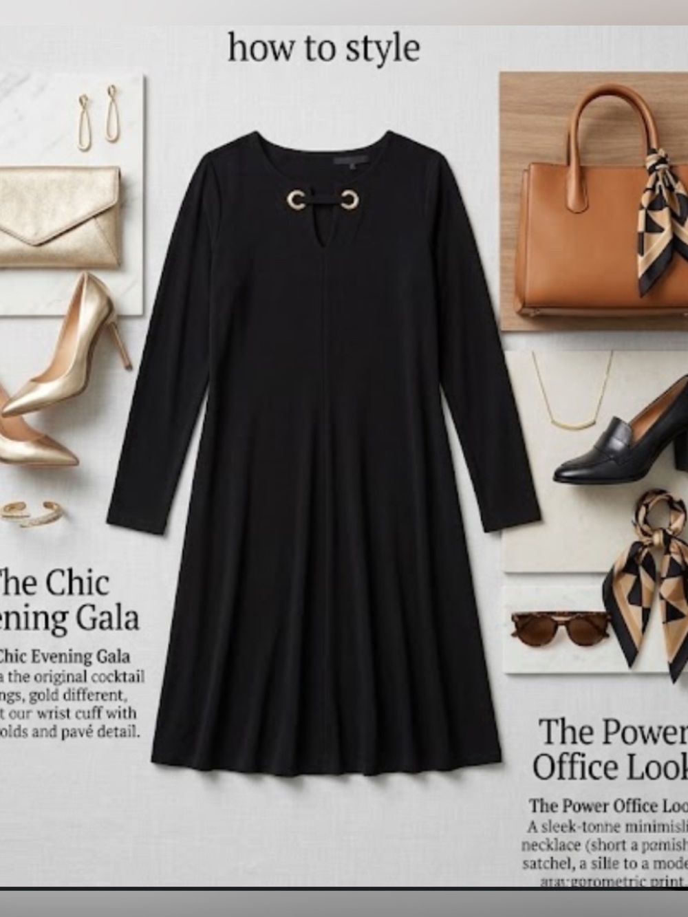 Nina Leonard Black Long-Sleeve A-Line Dress with Grommet Detail